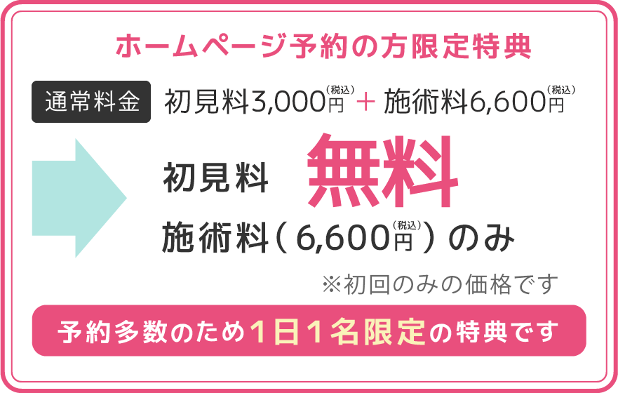 初見料無料ご予約多数のため１日１名限定の特典です